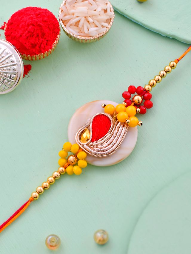 Exquisite Thread Work Rakhi with Beads (Rakhi is included with Roli Chawal & Greetings Card)