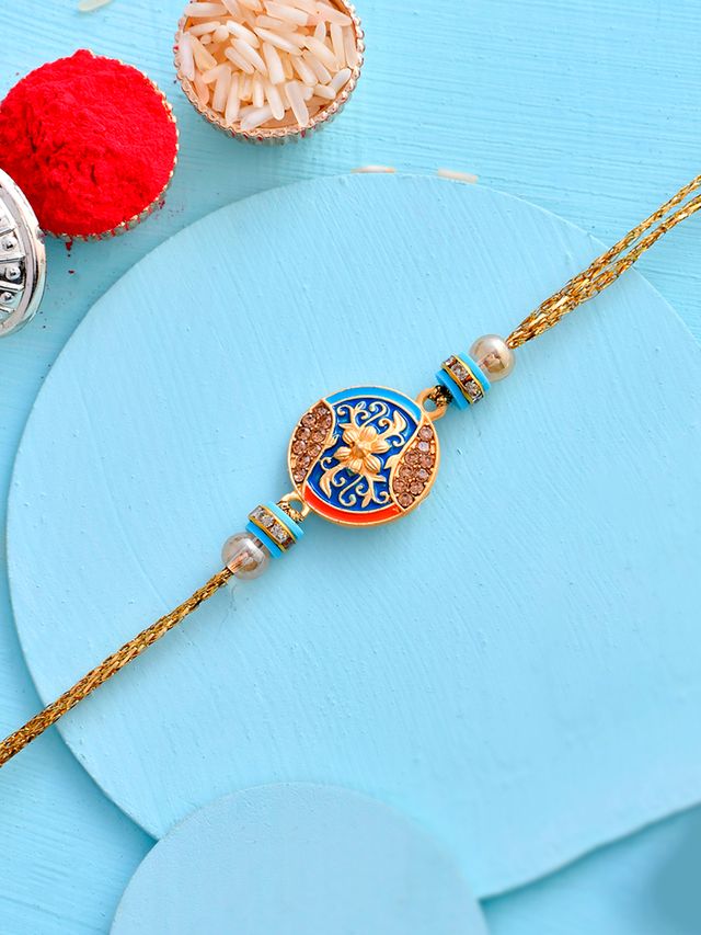 Elegant Enameled & Embellished Royal Blue Rakhi (Rakhi is included with Roli Chawal & Greetings Card)