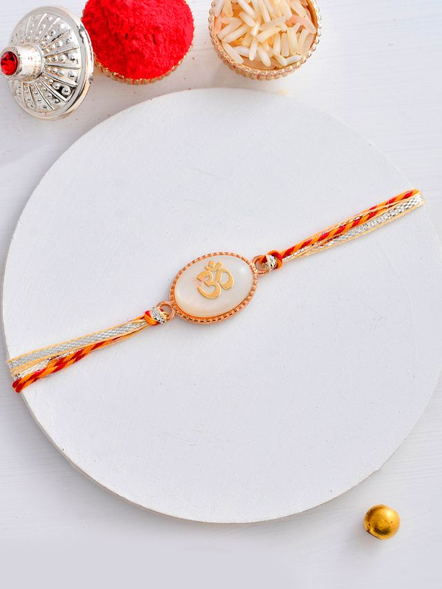 Auspicious OM Patterned White Stone Rakhi (Rakhi is included with Roli Chawal & Greetings Card)