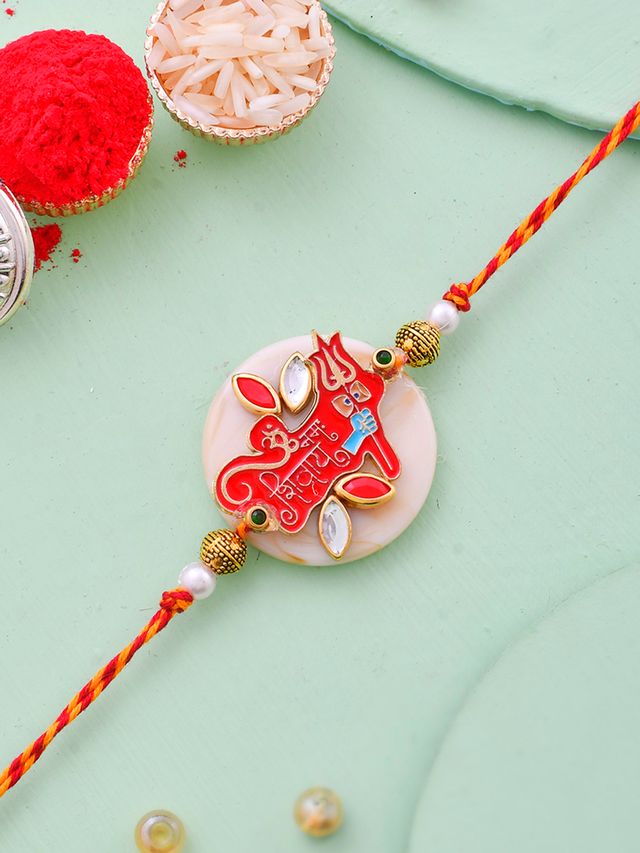 Auspicious Om Enameled Kundan Rakhi (Rakhi is included with Roli Chawal & Greetings Card)
