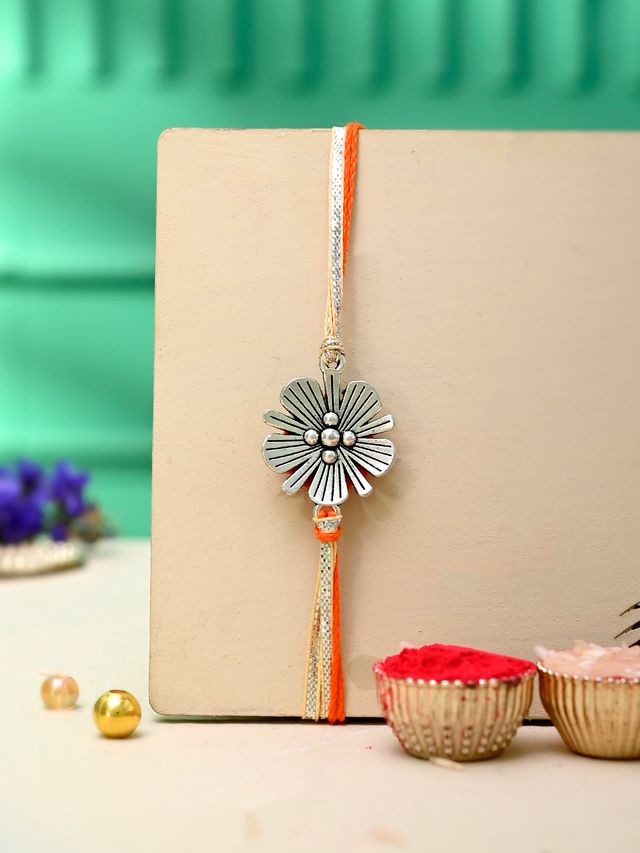 Floral Metal Simple Rakhi (Rakhi is included with Roli Chawal & Greetings Card)