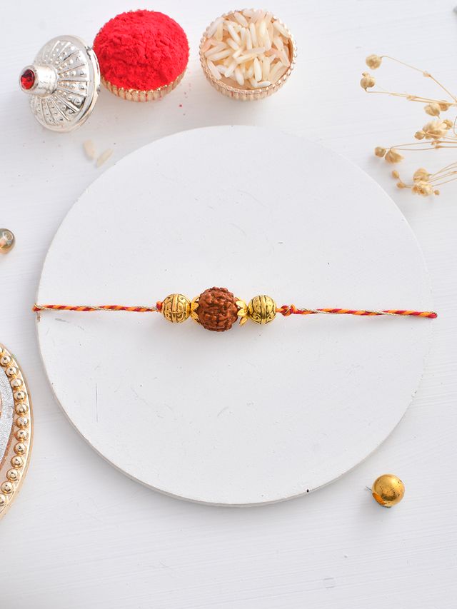 Holy Rudraksh & Metal Beads Braided Beautiful Moli Rakhi (Rakhi is included with Roli Chawal & Greetings Card)