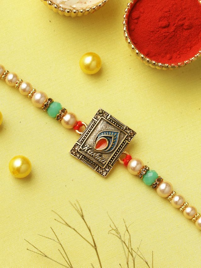Turquoise Krishna Charm Rakhi (Rakhi is included with Roli Chawal & Greetings Card)