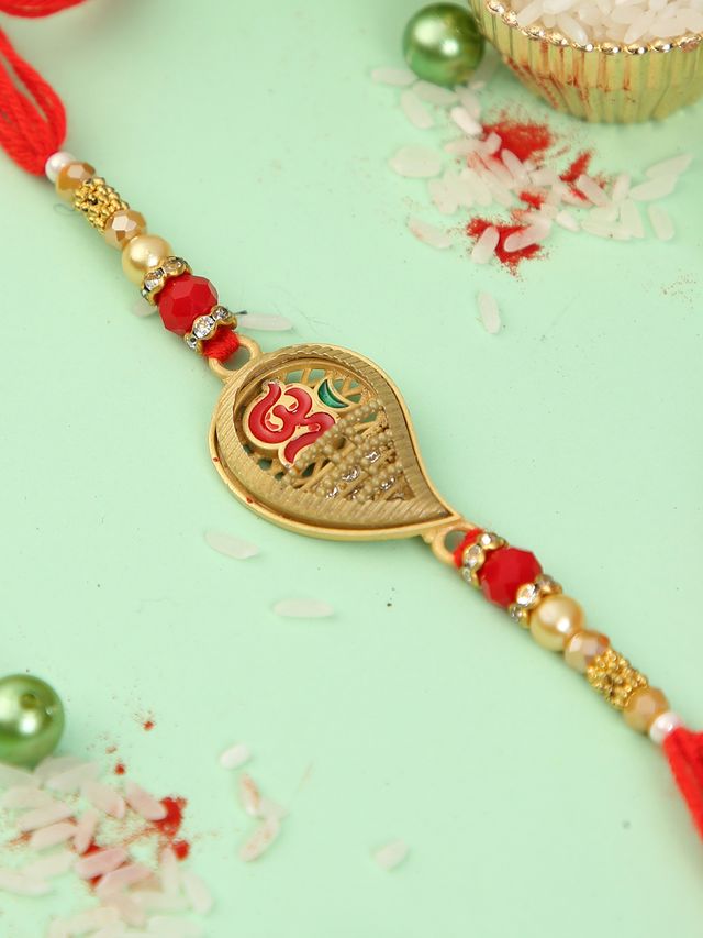 Red and Gold Om Rakhi (Rakhi is included with Roli Chawal & Greetings Card)