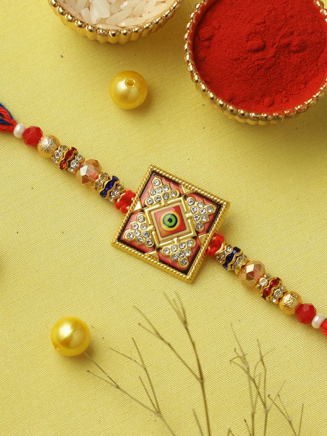 Red & Blue Stone Work Rakhi (Rakhi is included with Roli Chawal & Greetings Card)