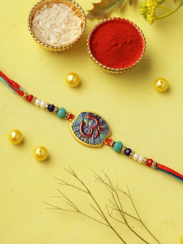 Sacred Om Multicolor Rakhi (Rakhi is included with Roli Chawal & Greetings Card)