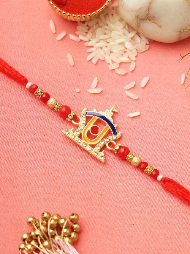 Divine Stone Work Red & Gold Rakhi (Rakhi is included with Roli Chawal & Greetings Card)