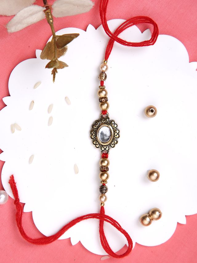 Kundan & Heart Designed Single Rakhi (Rakhi is included with Roli Chawal & Greetings Card)