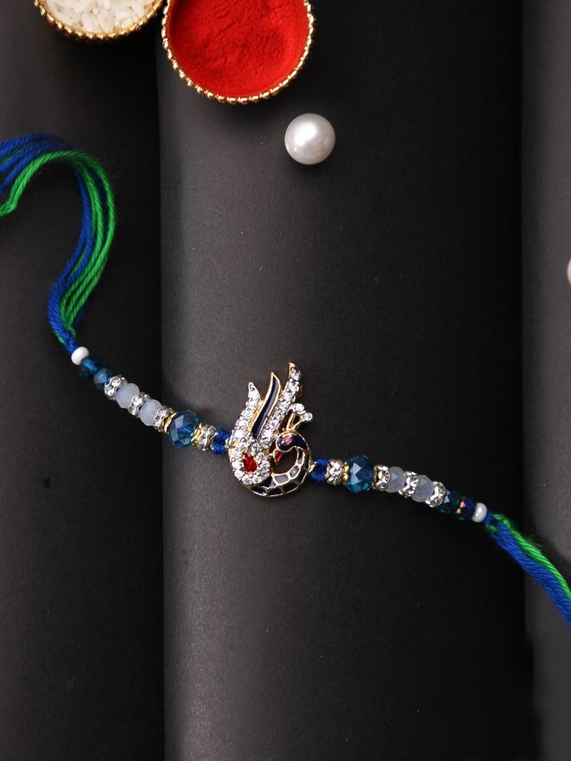Beautiful Stone Studded Peacock Blue & Green Multistrand Rakhi (Rakhi is included with Roli Chawal & Greetings Card)