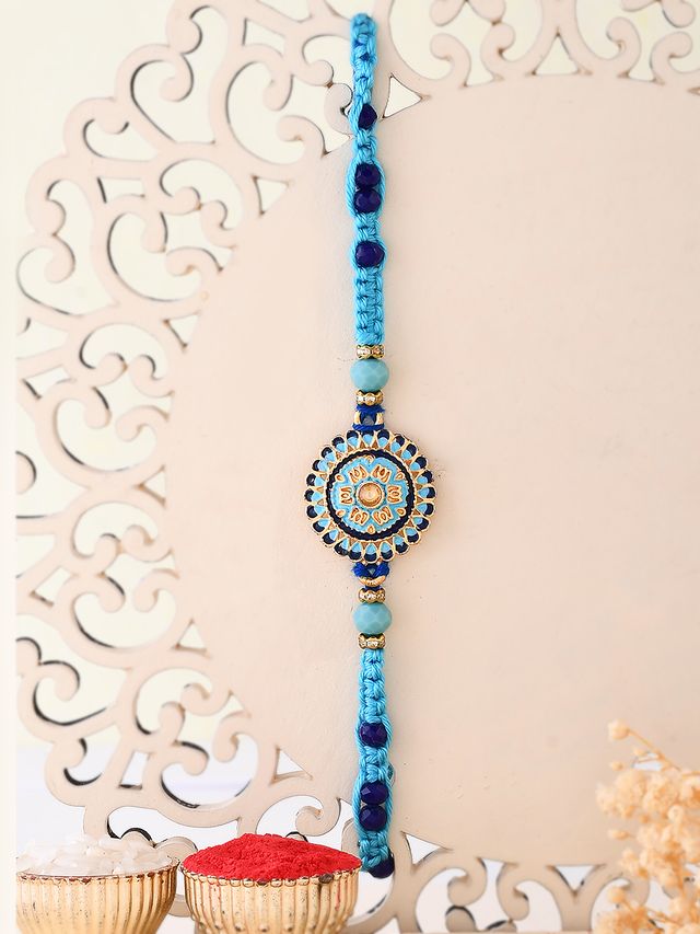Aqua Intricate Circle Design Rakhi (Rakhi is included with Roli Chawal & Greetings Card)