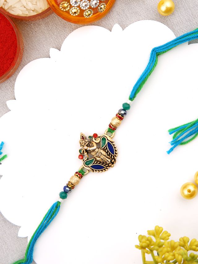 Krishna's Blessing Rakhi with Traditional Beads (Rakhi is included with Roli Chawal & Greetings Card)