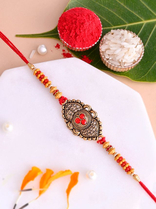 Beautiful Intorcated Red Stones Beaded Rakhi (Rakhi is included with Roli Chawal & Greetings Card)