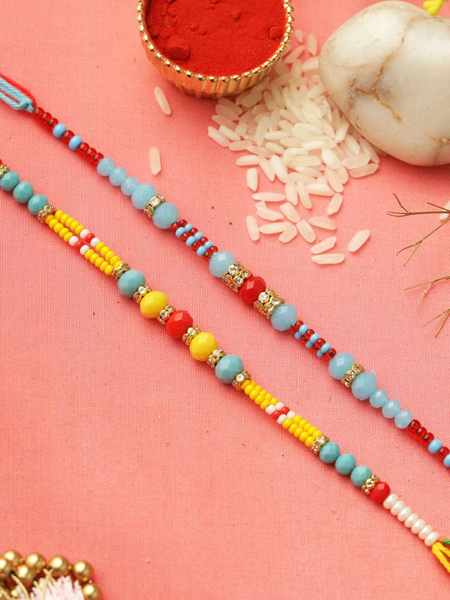 Yellow & Blue Beaded Set of 2 Rakhi (Rakhi is included with Roli Chawal & Greetings Card)