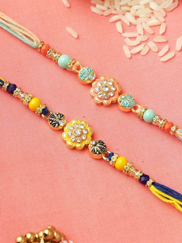 Charming Crystal Set of 2 Red and Aqua Rakhi (Rakhi is included with Roli Chawal & Greetings Card)