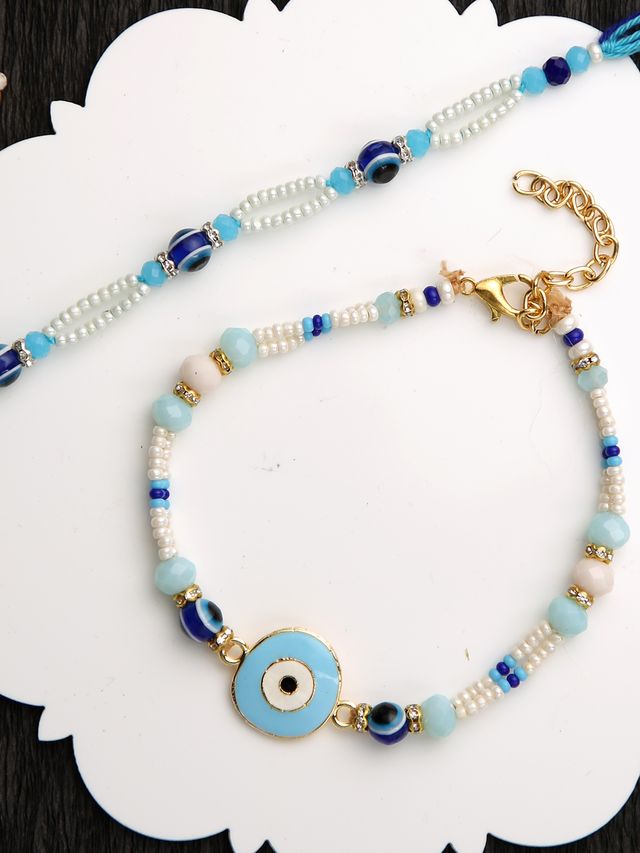Set of 2 Evil Eye Beaded Rakhi (Rakhi is included with Roli Chawal & Greetings Card)