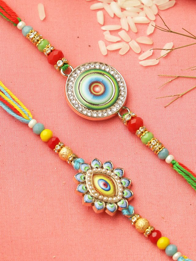 Stone Work Green Enameled Set of 2 Rakhi (Rakhi is included with Roli Chawal & Greetings Card)
