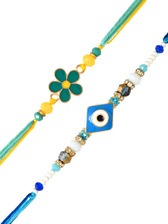 Green Floral and Blue Evil Eye Set of 2 Rakhi (Rakhi is included with Roli Chawal & Greetings Card)