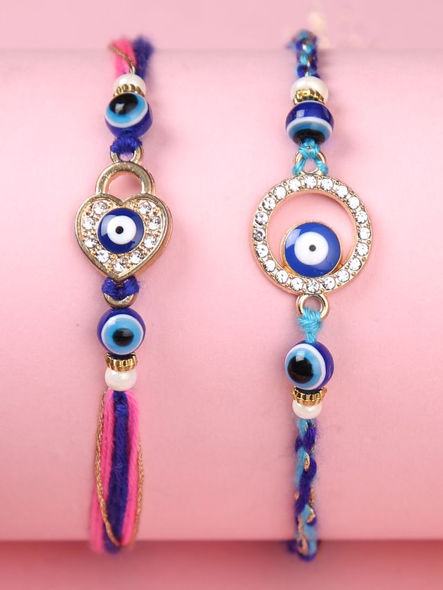 Set of 2 Blue & Pink Evil Eye Rakhi (Rakhi is included with Roli Chawal & Greetings Card)