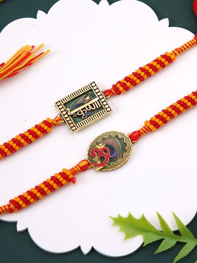Om & Krishna Enameled Set of 2 Rakhi (Rakhi is included with Roli Chawal & Greetings Card)