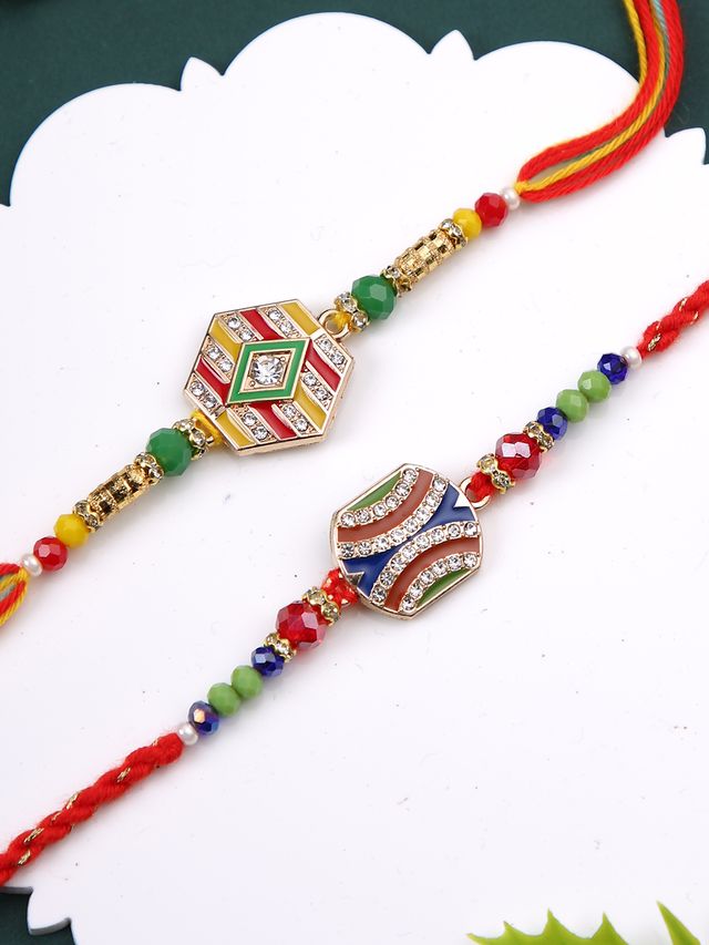 Multicolored Enameled Set of 2 Rakhi (Rakhi is included with Roli Chawal & Greetings Card)