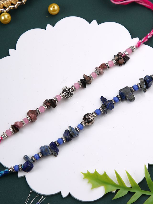 Pink & Blue Stone Work Set of 2 Rakhi (Rakhi is included with Roli Chawal & Greetings Card)