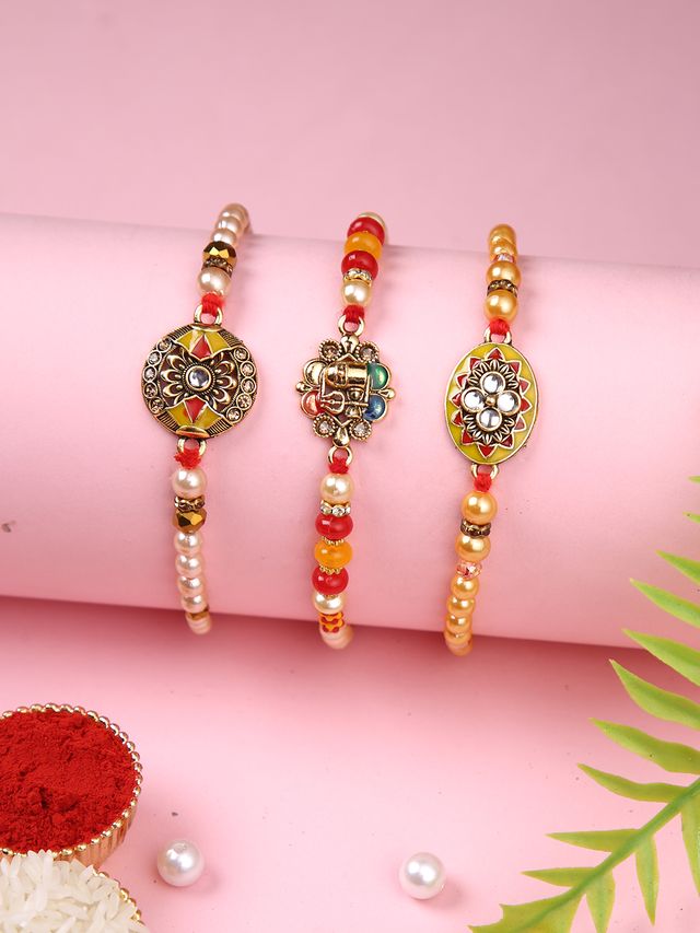 Multicolor Beads Set of 3 Rakhi (Rakhi is included with Roli Chawal & Greetings Card)