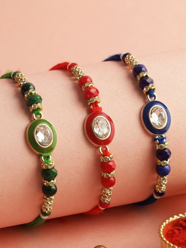 Set of 3 Stoned Rakhi (Rakhi is included with Roli Chawal & Greetings Card)