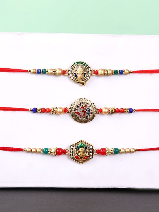 Spiritual Ganesha and Om Set of 3 Rakhis (Rakhi is included with Roli Chawal & Greetings Card)
