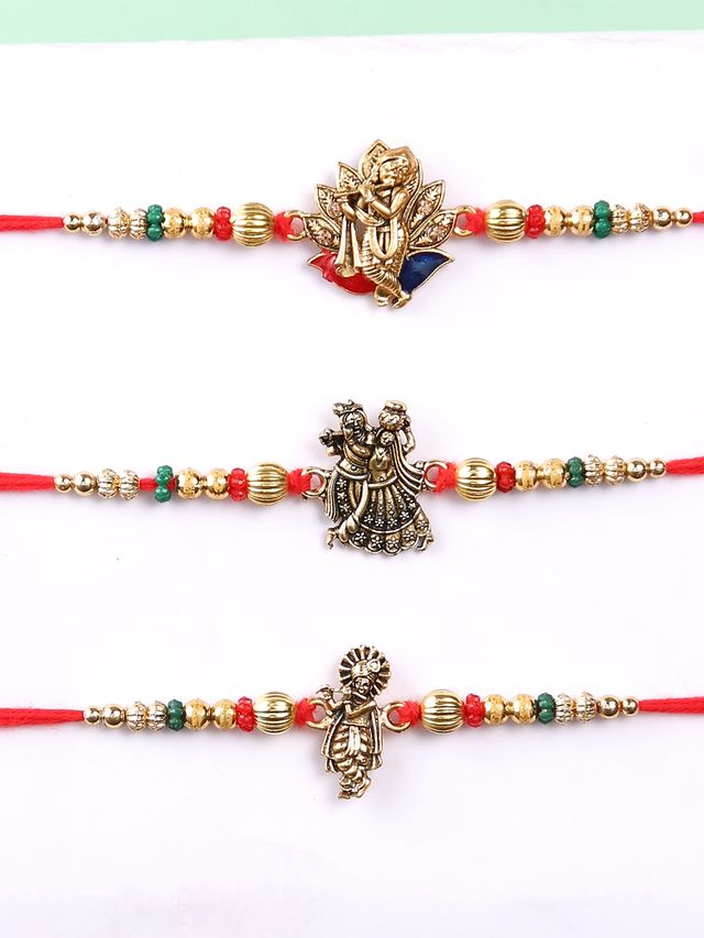 Sacred Diety Design Set of 3 Rakhis (Rakhi is included with Roli Chawal & Greetings Card)
