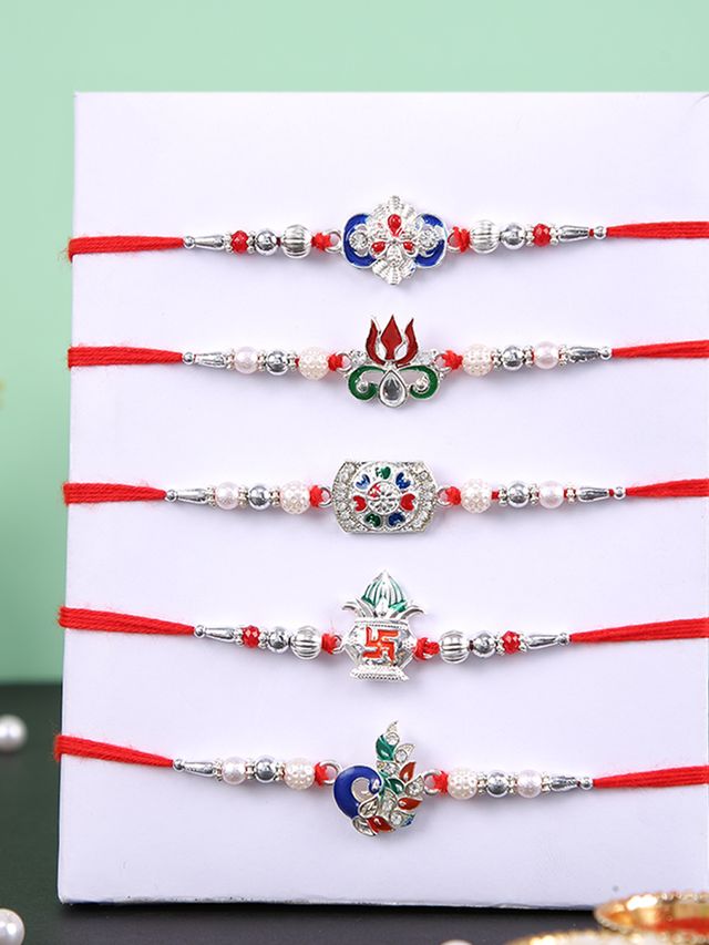 Divine Silver Designer Set of 5 Rakhi (Rakhi is included with Roli Chawal & Greetings Card)