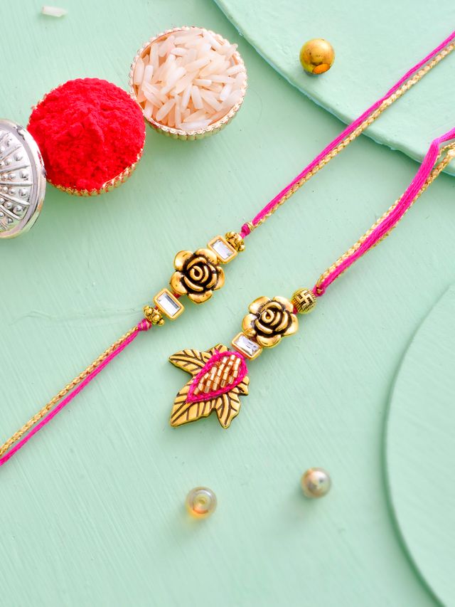 Beautiful Gold Rose & Leaf Bhaiya Bhabhi Rakhi Set (Rakhi is included with Roli Chawal & Greetings Card)