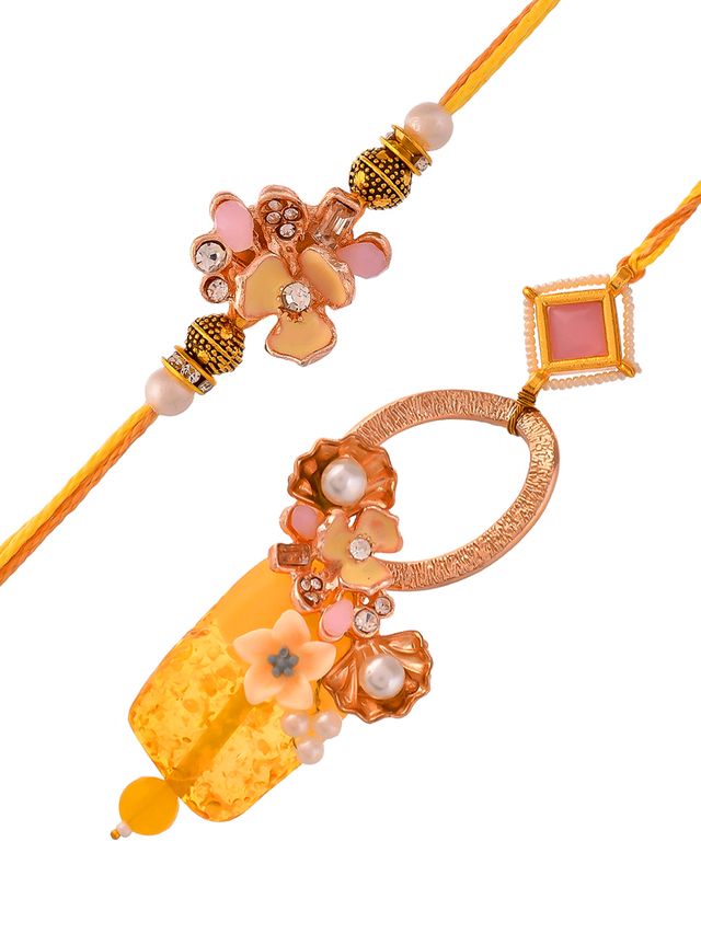 Radiant Yellow Flora & Pearl Crafted Bhaiya Bhabhi Set (Rakhi is included with Roli Chawal & Greetings Card)