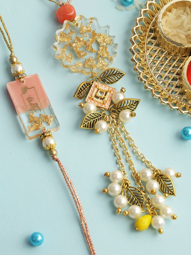 Pastel Pink Resin Bhaiya Bhabhi Rakhi (Rakhi is included with Roli Chawal & Greetings Card)