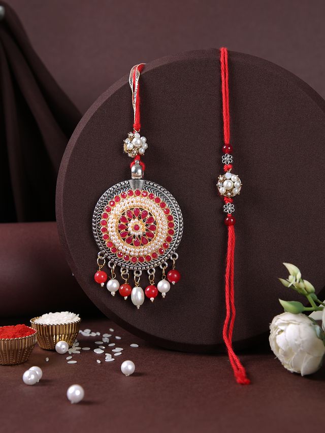 Charming Floral Red & Cream Stone Work Bhaiya Bhabhi Rakhi (Rakhi is included with Roli Chawal & Greetings Card)