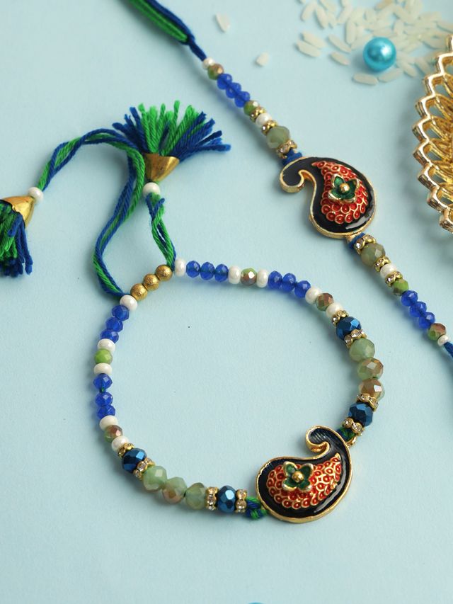Blue Green Mango Designed Bhaiya Bhabhi Rakhi (Rakhi is included with Roli Chawal & Greetings Card)