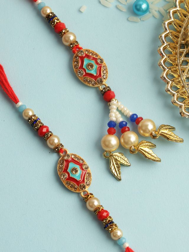 Red & Blue Enameled Bead Work Bhaiya Bhabhi Rakhi (Rakhi is included with Roli Chawal & Greetings Card)
