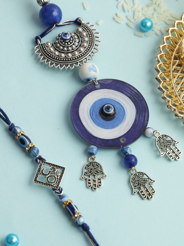 Majestic Evil Eye Bhaiya Bhabhi Rakhi Set (Rakhi is included with Roli Chawal & Greetings Card)