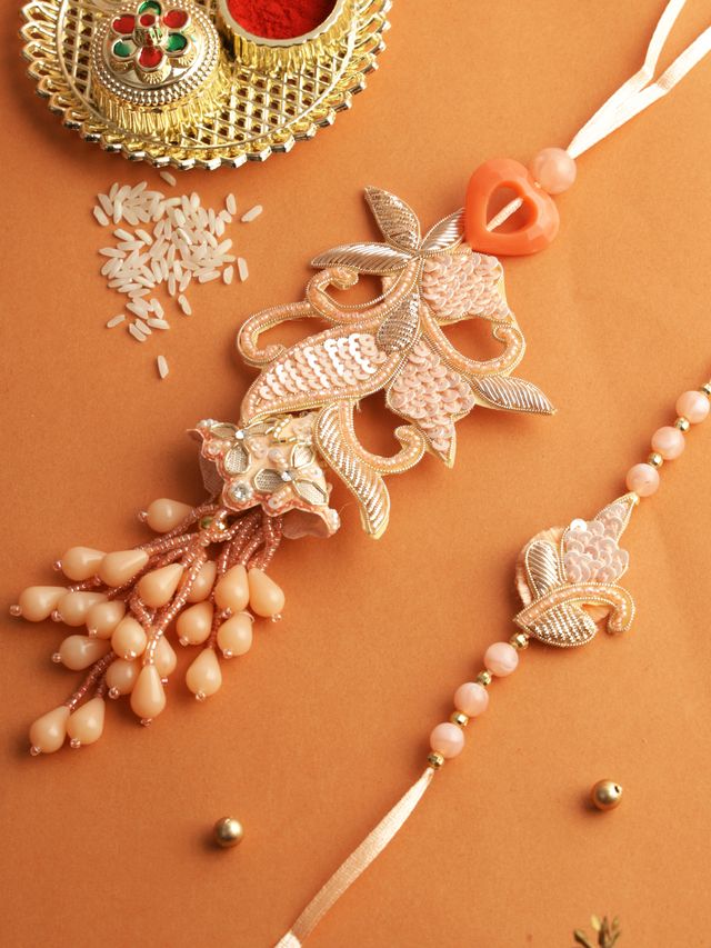 Peach Blossom Beaded Bhaiya Bhabhi Rakhi (Rakhi is included with Roli Chawal & Greetings Card)