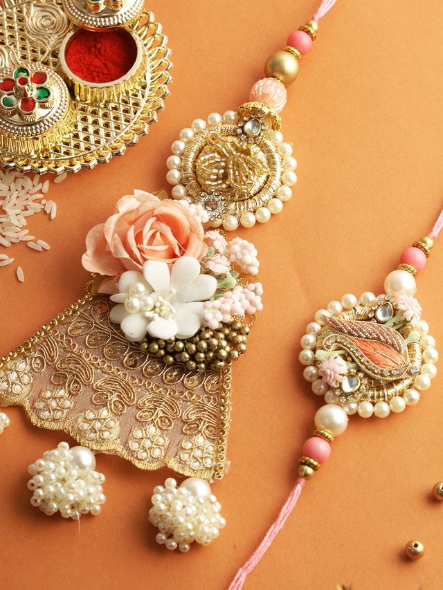 Ornate Floral Blossom Bhaiya Bhabhi Rakhi Set (Rakhi is included with Roli Chawal & Greetings Card)
