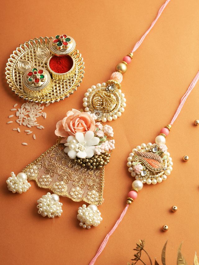 Pink Floral Blossom Bhaiya Bhabhi Rakhi Set (Rakhi is included with Roli Chawal & Greetings Card)