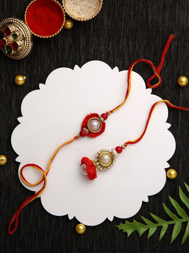 Royal Red with Pearls Bhaiya Bhabhi Rakhi Set (Rakhi is included with Roli Chawal & Greetings Card)
