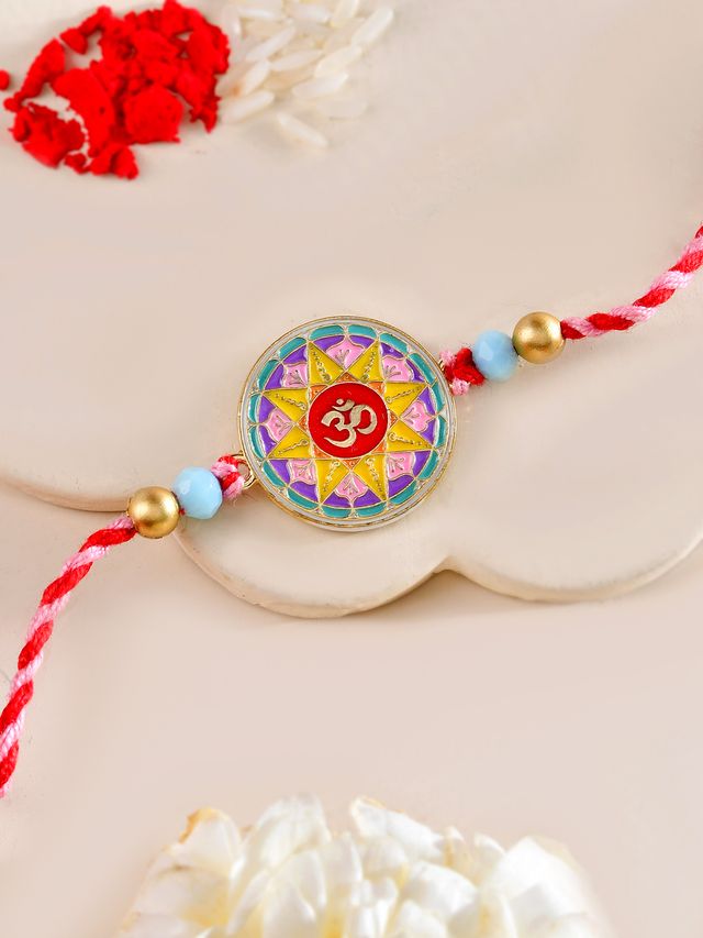 OM Symbol Rakhi with Mandala Inspired Circular Motif (Rakhi is included with Roli Chawal & Greetings Card)