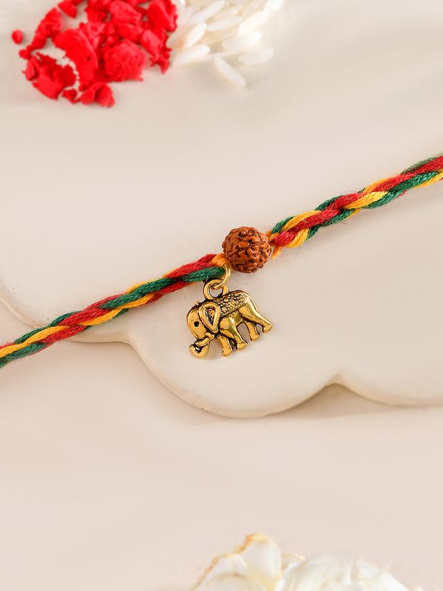 Rudraksha Elephant Rakhi with Multicolor Braided Thread (Rakhi is included with Roli Chawal & Greetings Card)