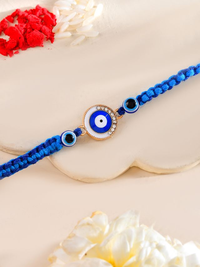 Royal Blue Evil Eye Rakhi with Beaded Charm for Positive Vibes (Rakhi is included with Roli Chawal & Greetings Card)