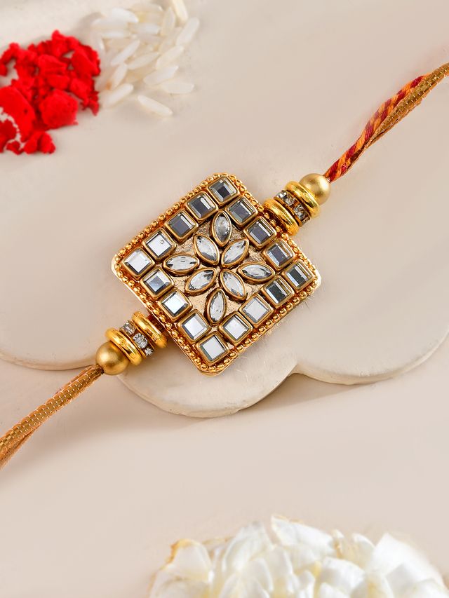 Heritage Kundan Rakhi with Intricate Mirror Inlay and Gold Accents (Rakhi is included with Roli Chawal & Greetings Card)