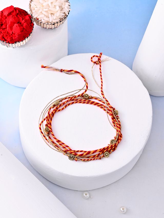 Vintage Floral Bead Mauli Rakhi (Rakhi is included with Roli Chawal & Greetings Card)