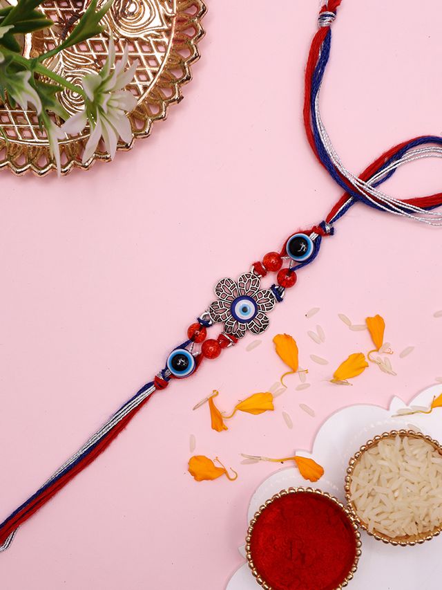 Traditional Handcrafted Rakhi with Evil Eye Beads and Metal Detailing (Rakhi is included with Roli Chawal & Greetings Card)
