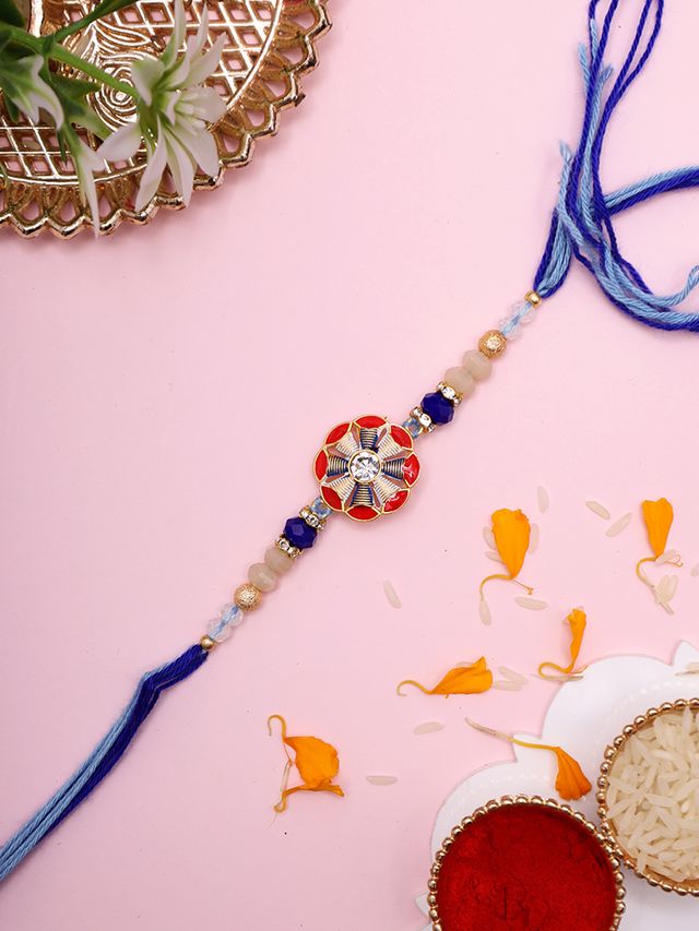 Handcrafted Rakhi with Crystal Star Center and Royal Threadwork (Rakhi is included with Roli Chawal & Greetings Card)