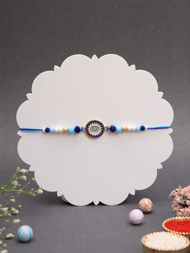 Stylish Evil Eye Rakhi with Blue Beads (Rakhi is included with Roli Chawal & Greetings Card)