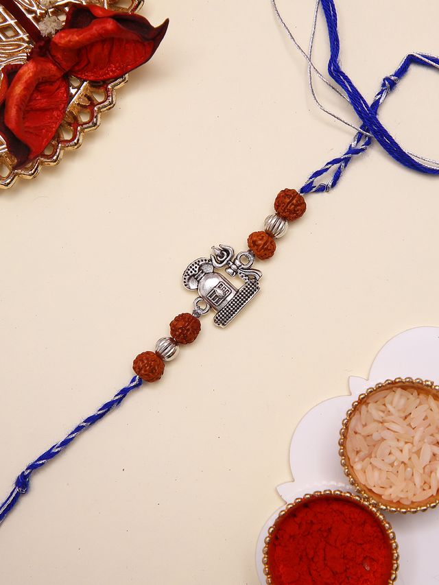 Traditional Ethnik Shiv Rakhi With Rudraksha And Antique Silver Detailing (Rakhi is included with Roli Chawal & Greetings Card)